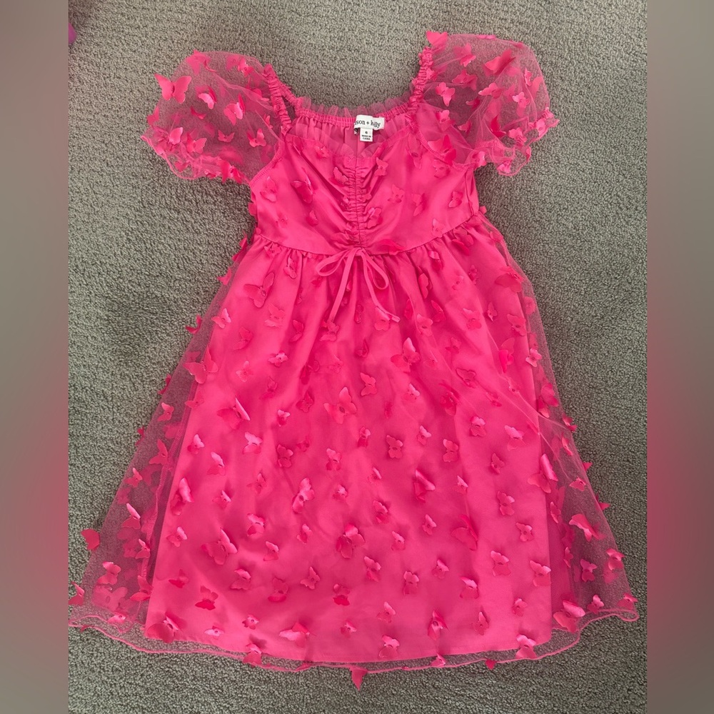 Girls' Bright Pink Party Dress with 3D Butterflies